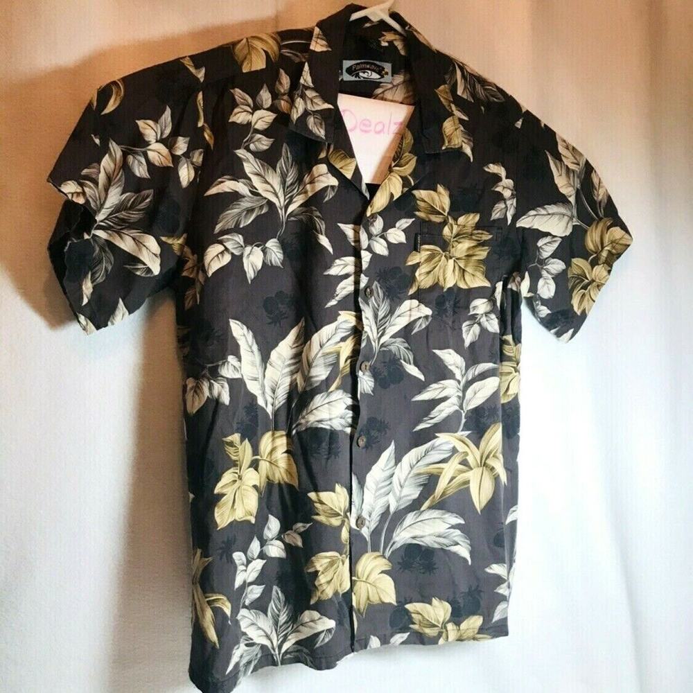 XL Palmwave Mens Hawaiian Button Front Shirt Brown Palm Leaves Pineapple Cotton